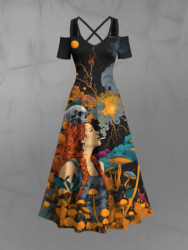Gothic Plus Size Skull Mushroom Flowers Girl Print Cold Shoulder Crisscross Maxi Dress
