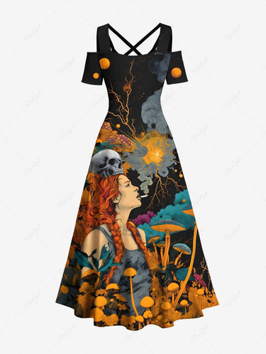 Gothic Plus Size Skull Mushroom Flowers Girl Print Cold Shoulder Crisscross Maxi Dress