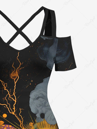 Gothic Plus Size Skull Mushroom Flowers Girl Print Cold Shoulder Crisscross Maxi Dress