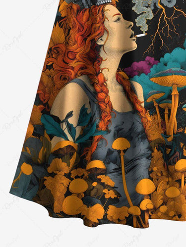 Gothic Plus Size Skull Mushroom Flowers Girl Print Cold Shoulder Crisscross Maxi Dress