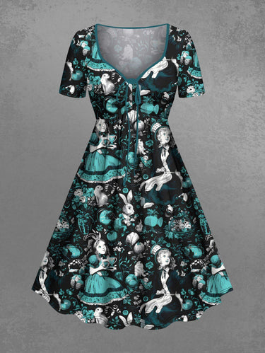 Gothic Plus Size Bunny Fruit Flowers Girl Print Cinched Dress