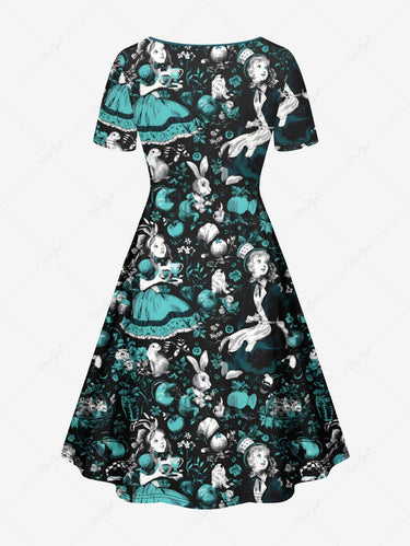 Gothic Plus Size Bunny Fruit Flowers Girl Print Cinched Dress