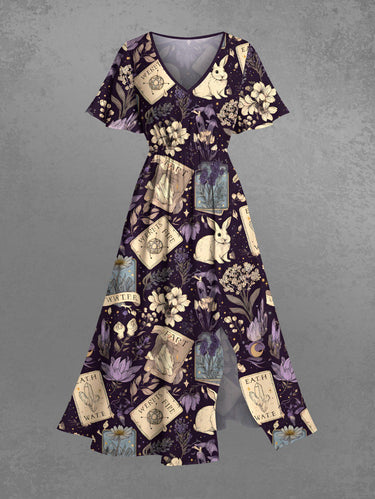 Gothic Plus Size Bunny Poker Flowers Print Split Midi Dress