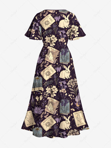 Gothic Plus Size Bunny Poker Flowers Print Split Midi Dress