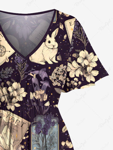 Gothic Plus Size Bunny Poker Flowers Print Split Midi Dress