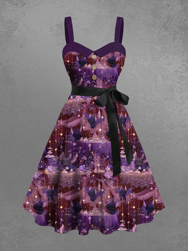 Gothic Plus Size Halloween Bat Party Light Glitter 3D Print Buttons Turn Down Collar Dress With Belt