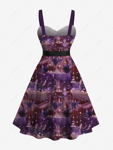 Gothic Plus Size Halloween Bat Party Light Glitter 3D Print Buttons Turn Down Collar Dress With Belt