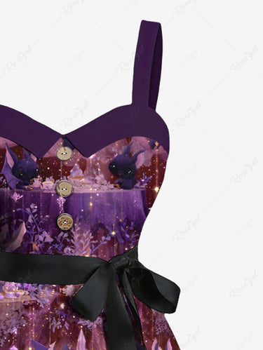 Gothic Plus Size Halloween Bat Party Light Glitter 3D Print Buttons Turn Down Collar Dress With Belt