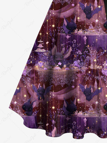 Gothic Plus Size Halloween Bat Party Light Glitter 3D Print Buttons Turn Down Collar Dress With Belt