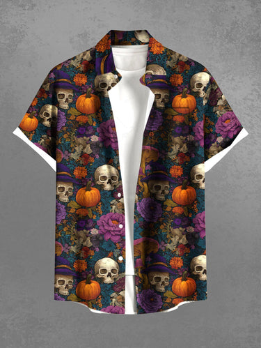 Gothic Plus Size Halloween Pumpkin Skulls Flowers Mushroom Print Buttons Pocket Shirt For Men