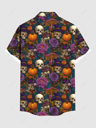 Gothic Plus Size Halloween Pumpkin Skulls Flowers Mushroom Print Buttons Pocket Shirt For Men