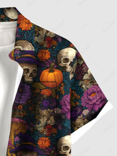 Gothic Plus Size Halloween Pumpkin Skulls Flowers Mushroom Print Buttons Pocket Shirt For Men