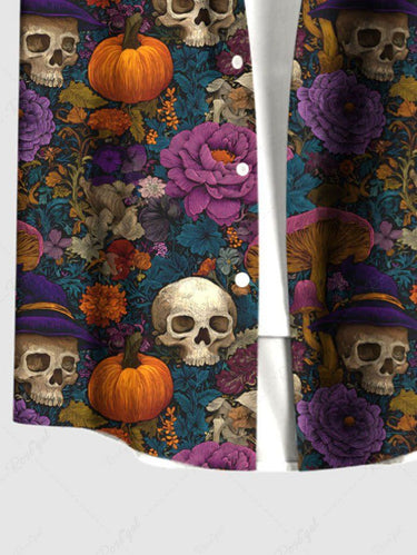 Gothic Plus Size Halloween Pumpkin Skulls Flowers Mushroom Print Buttons Pocket Shirt For Men