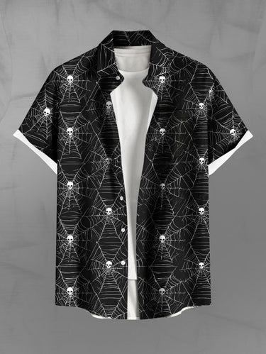 Gothic Plus Size Halloween Skulls Spider Web Print Buttons Pocket Shirt For Men