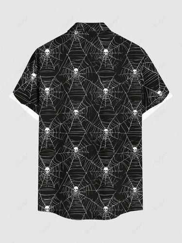 Gothic Plus Size Halloween Skulls Spider Web Print Buttons Pocket Shirt For Men