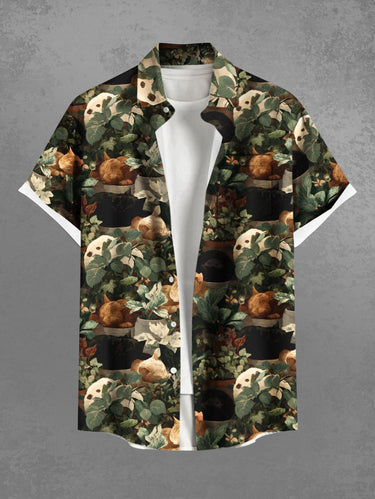 Gothic Plus Size Leaf Cats Print Buttons Pocket Shirt For Men