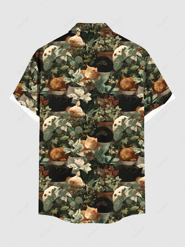 Gothic Plus Size Leaf Cats Print Buttons Pocket Shirt For Men