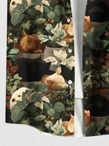 Gothic Plus Size Leaf Cats Print Buttons Pocket Shirt For Men