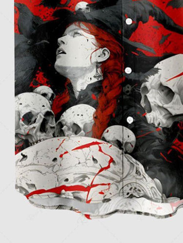 Gothic Plus Size Skulls Eagle Colorblock Print Buttons Pocket Shirt For Men
