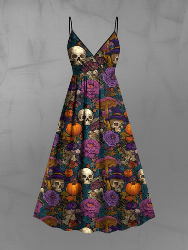 Gothic Plus Size Halloween Pumpkin Skulls Flowers Mushroom Print Surplice Cami Dress