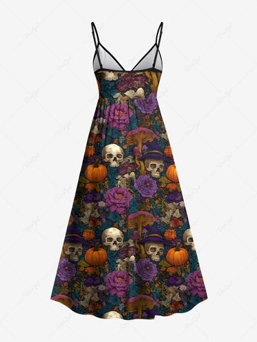 Gothic Plus Size Halloween Pumpkin Skulls Flowers Mushroom Print Surplice Cami Dress