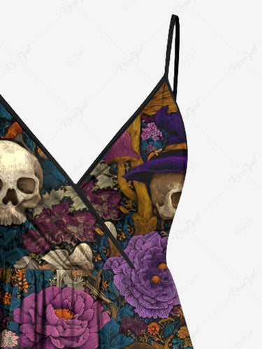 Gothic Plus Size Halloween Pumpkin Skulls Flowers Mushroom Print Surplice Cami Dress