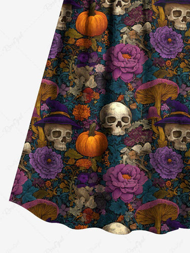 Gothic Plus Size Halloween Pumpkin Skulls Flowers Mushroom Print Surplice Cami Dress