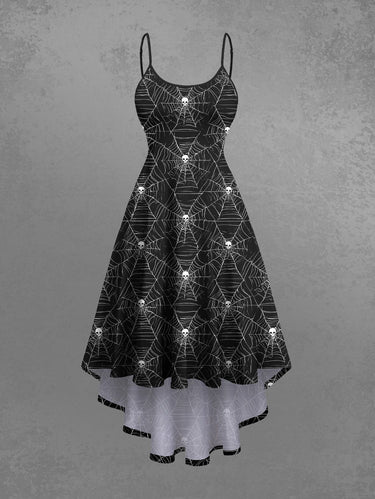 Gothic Plus Size Halloween Skulls Spider Web Print High Low Cami Dress
