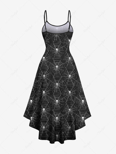 Gothic Plus Size Halloween Skulls Spider Web Print High Low Cami Dress