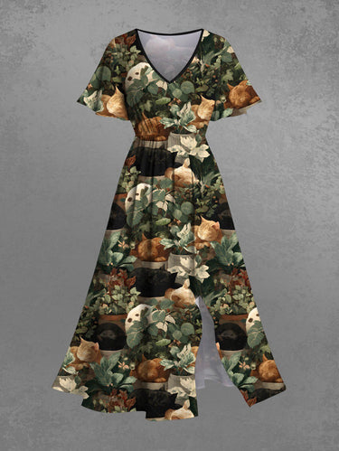 Gothic Plus Size Leaf Cats Print Split Midi Dress