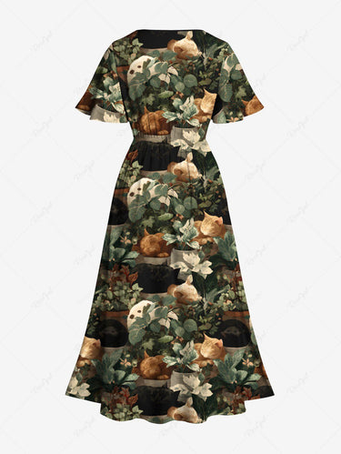 Gothic Plus Size Leaf Cats Print Split Midi Dress