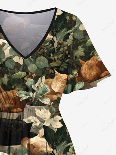 Gothic Plus Size Leaf Cats Print Split Midi Dress