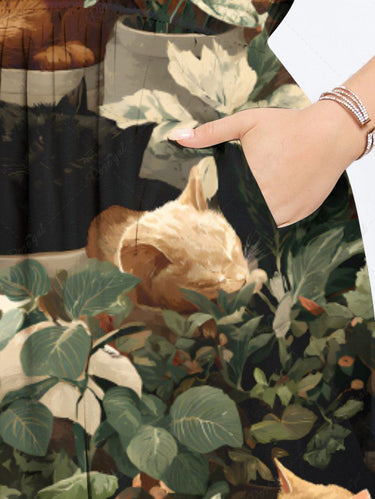 Gothic Plus Size Leaf Cats Print Split Midi Dress