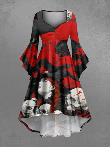 Gothic Plus Size Skulls Eagle Colorblock Print Ruched Flare Sleeves High Low Dress