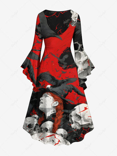 Gothic Plus Size Skulls Eagle Colorblock Print Ruched Flare Sleeves High Low Dress
