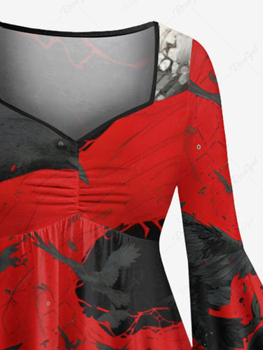 Gothic Plus Size Skulls Eagle Colorblock Print Ruched Flare Sleeves High Low Dress