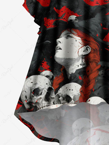 Gothic Plus Size Skulls Eagle Colorblock Print Ruched Flare Sleeves High Low Dress