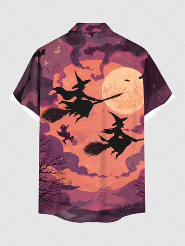 Gothic Plus Size Halloween Moon Bat Cloud Tree Wizard Print Buttons Pocket Shirt For Men