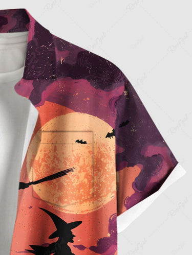 Gothic Plus Size Halloween Moon Bat Cloud Tree Wizard Print Buttons Pocket Shirt For Men