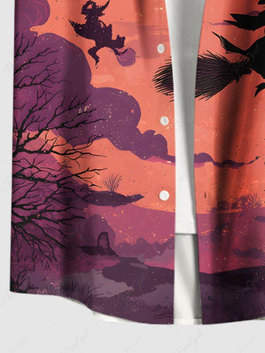 Gothic Plus Size Halloween Moon Bat Cloud Tree Wizard Print Buttons Pocket Shirt For Men