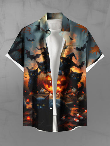 Gothic Plus Size Halloween Pumpkin Bat Cat Print Buttons Pocket Shirt For Men