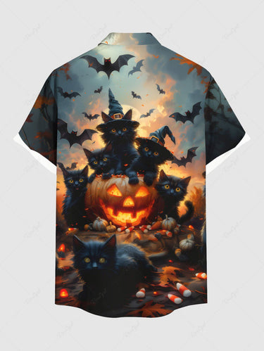 Gothic Plus Size Halloween Pumpkin Bat Cat Print Buttons Pocket Shirt For Men