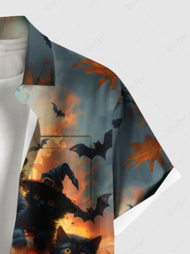Gothic Plus Size Halloween Pumpkin Bat Cat Print Buttons Pocket Shirt For Men