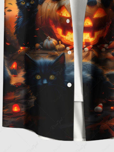 Gothic Plus Size Halloween Pumpkin Bat Cat Print Buttons Pocket Shirt For Men