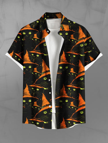Gothic Plus Size Halloween Hat Cats Print Buttons Pocket Shirt For Men