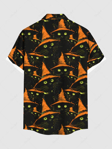Gothic Plus Size Halloween Hat Cats Print Buttons Pocket Shirt For Men