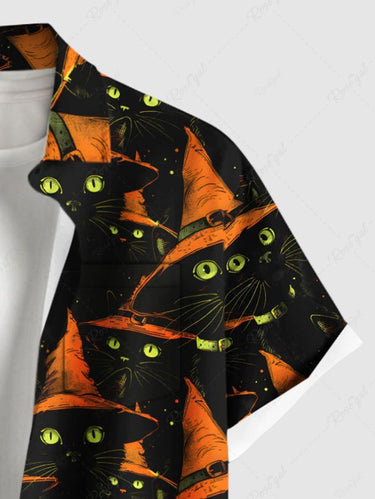 Gothic Plus Size Halloween Hat Cats Print Buttons Pocket Shirt For Men