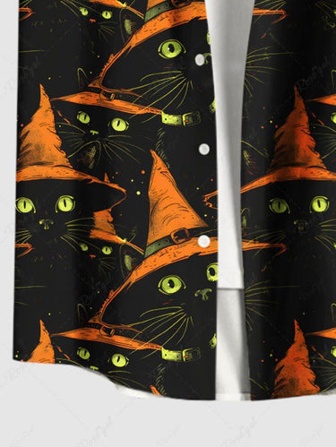 Gothic Plus Size Halloween Hat Cats Print Buttons Pocket Shirt For Men