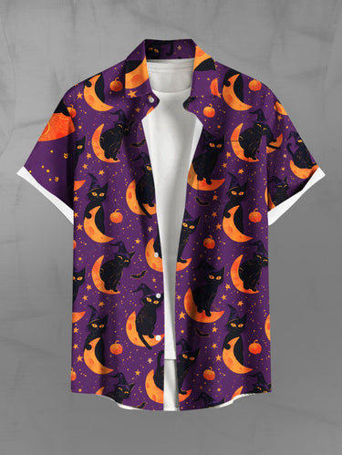 Gothic Plus Size Halloween Moon Cat Fruit Star Print Buttons Pocket Shirt For Men