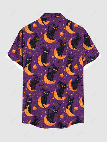 Gothic Plus Size Halloween Moon Cat Fruit Star Print Buttons Pocket Shirt For Men
